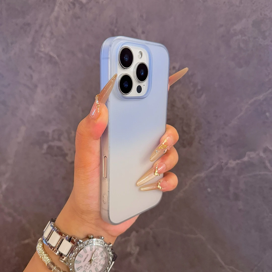 磨砂渐变蓝色适用苹果16promax手机壳iPhone15简约14防指纹13硬12