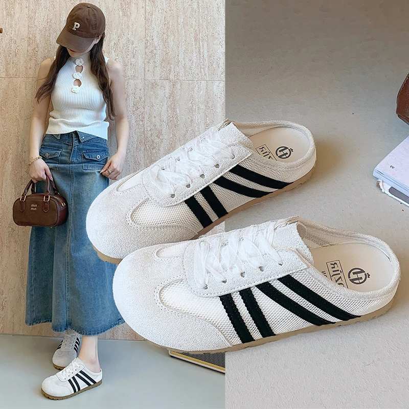 网面透气德训鞋女2025年夏季新款软底包头半拖鞋平底一脚蹬懒人拖