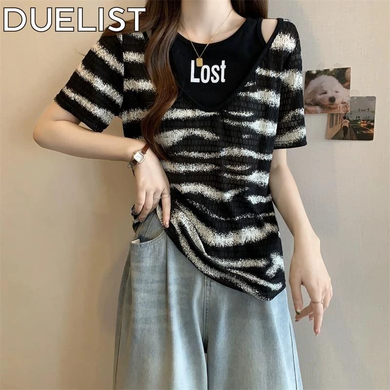 DUELIST大码设计感斑马纹短袖恤女夏季胖宽松遮肚显瘦假两件上衣