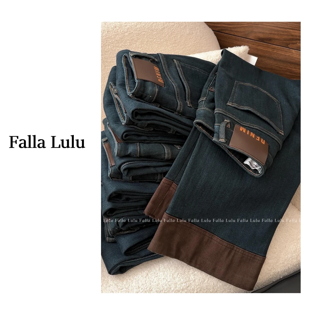 @英子家 加绒加厚奶奶裤 显瘦韩系普洗蓝拼色翻边阔腿牛仔裤C2273