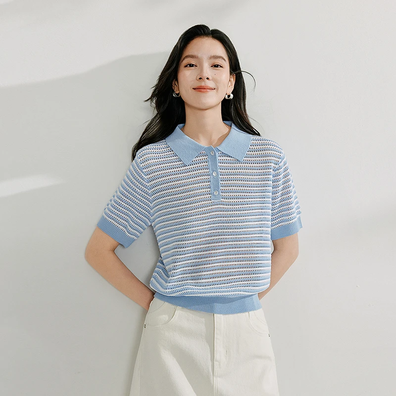 【商场同款新品新品】茵曼2025夏季条纹POLO领薄针织衫时尚百搭短袖