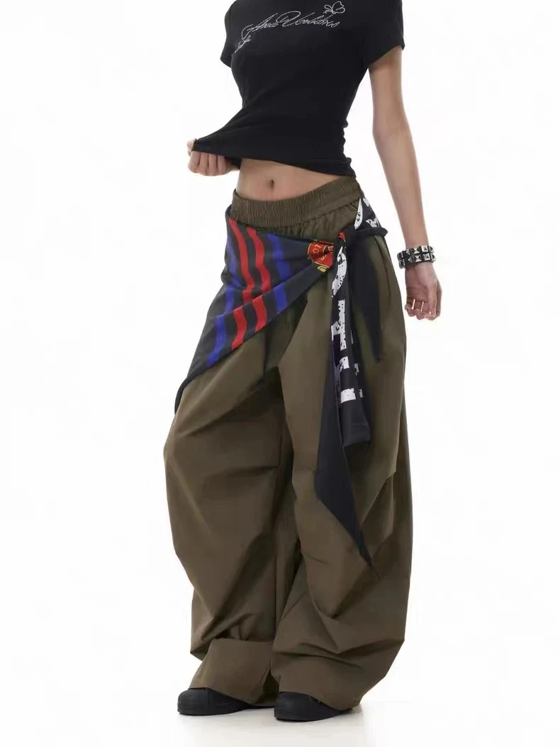 美式复古撞色屁帘工装伞兵裤女jazz街舞长裤褶皱设计感宽松阔腿裤