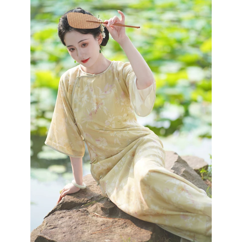 秋笙｜无领旗袍全开襟长款宽松倒大袖改良式新中式中国风连衣裙