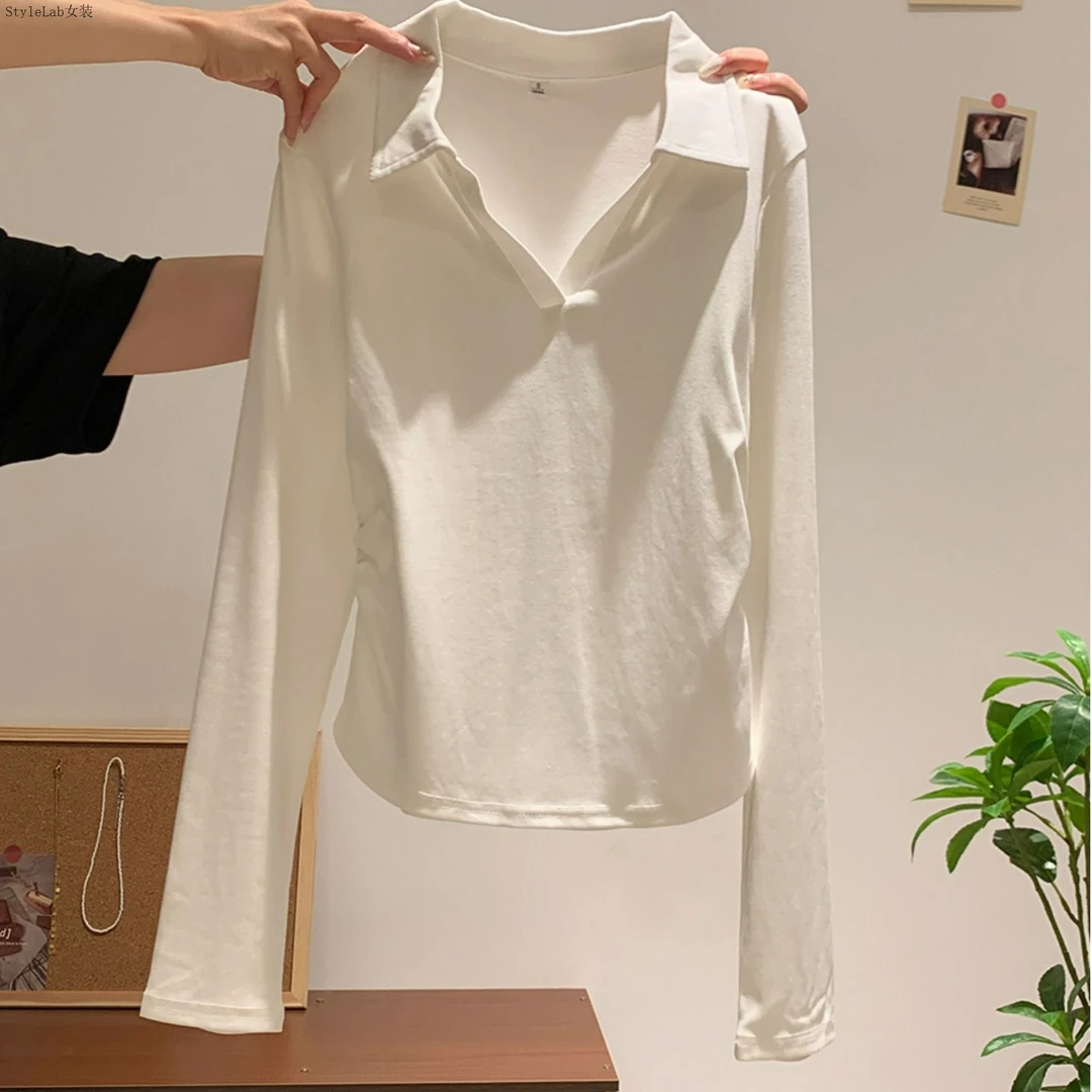 Polo翻领打底衫长袖女T恤秋冬新款正肩褶皱收腰小个子内搭短上衣