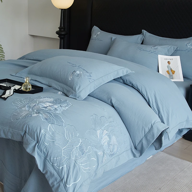 水星正品纯棉水洗棉四件套全棉被套轻奢刺绣床单绣花纯色床上用品