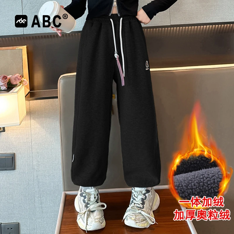 [822]ABC女童一体绒运动裤2025新款儿童洋气束脚裤女大童秋冬卫裤