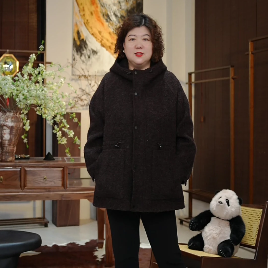 金雀绫【泰迪小熊】设计款连帽加宽加大长毛大衣毛呢外套SZA4MW711