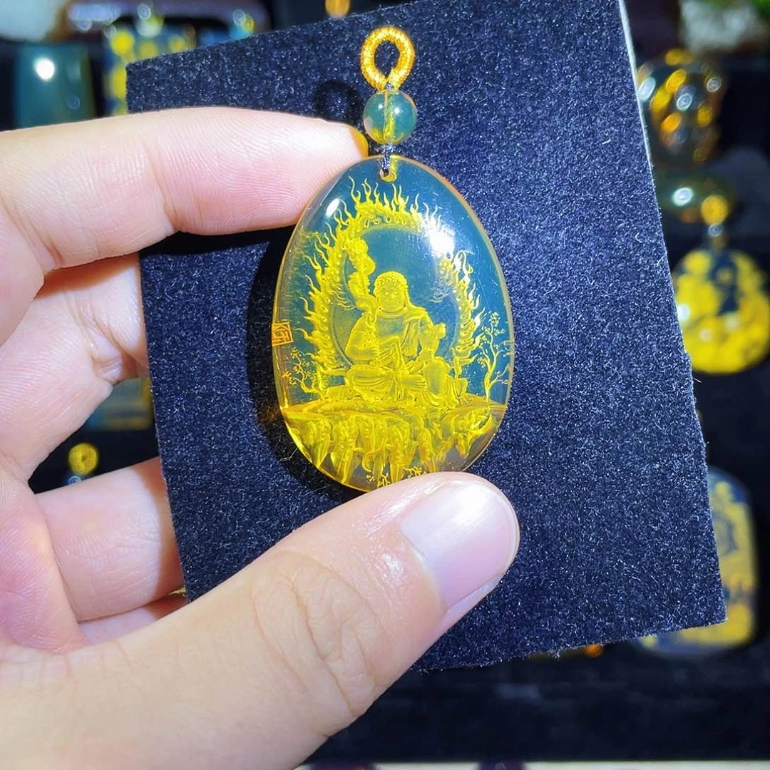 琥珀颈饰未镶嵌蓝珀不动明王阴雕吊坠净水