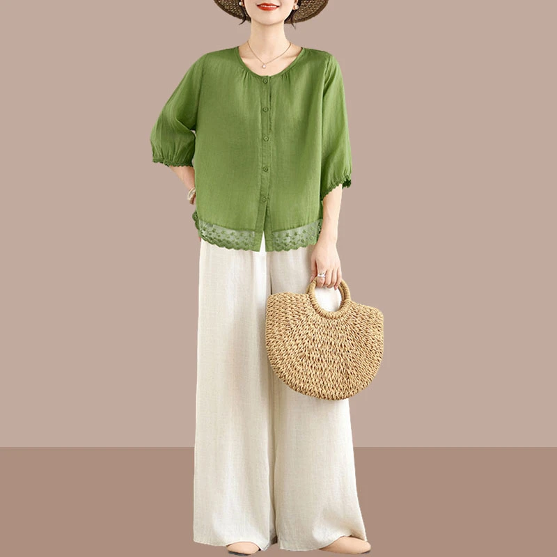 高腰垂感阔腿裤时尚妈妈套装刺绣花边短袖衬衫宽松亚麻上衣两件套