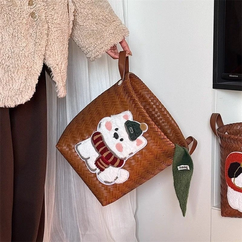 美式可爱小狗大容量编织脏衣篮家用复古玩具藤编杂物零食收纳筐