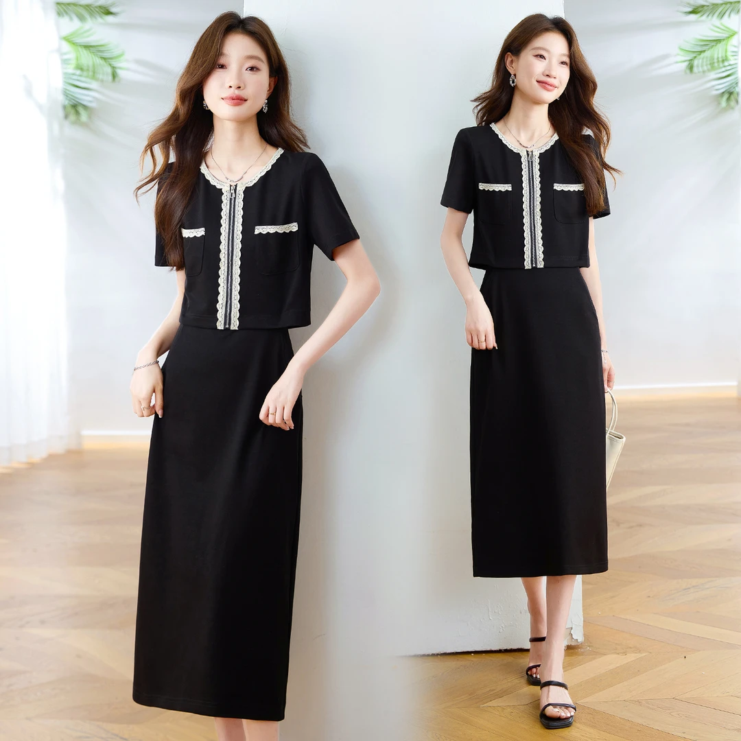 法式小香风蕾丝边假两件连衣裙女2025夏季新款修身显瘦中长款裙子