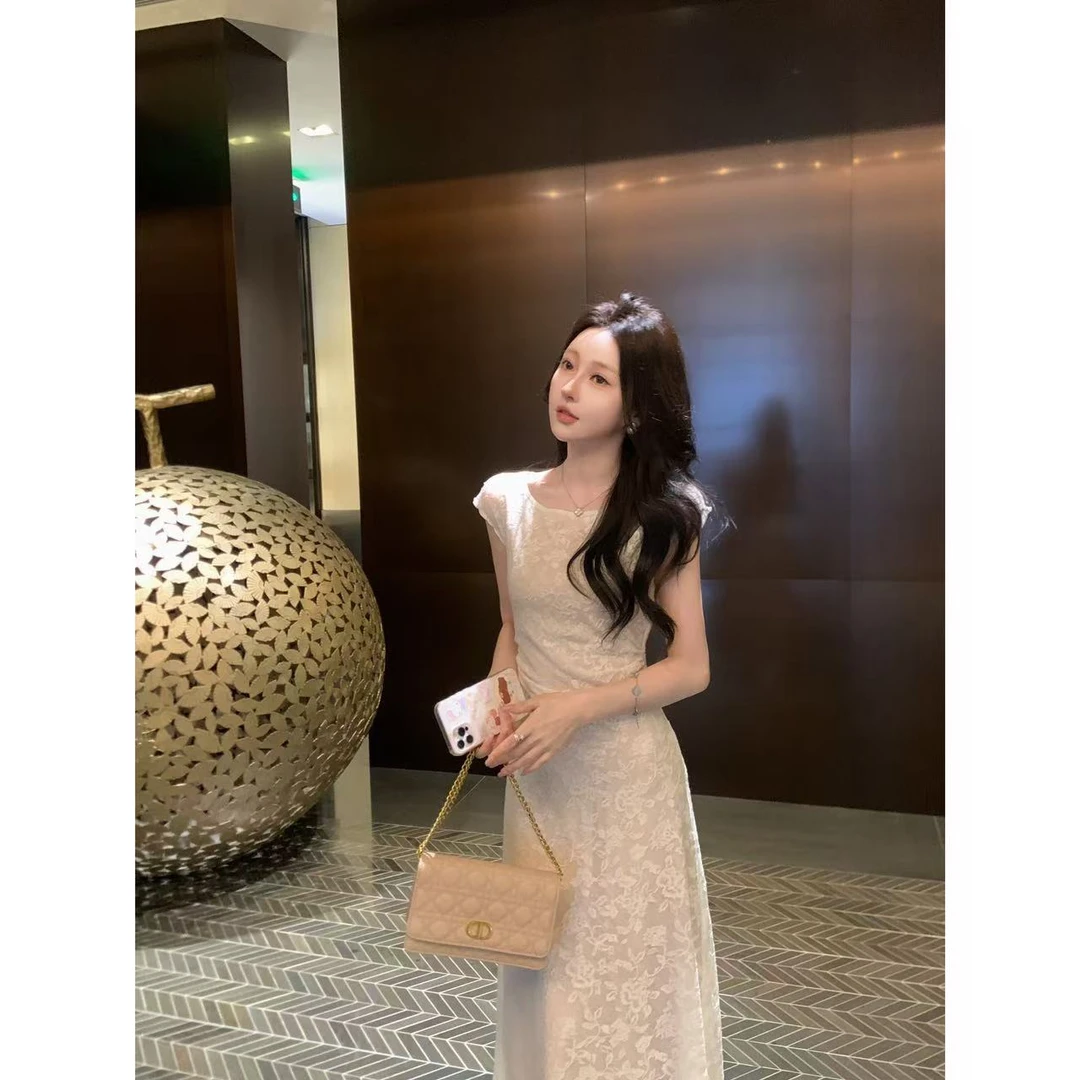 星仔-【普吉岛花园】米色连衣裙女法式无袖长裙蕾丝性感气质显瘦