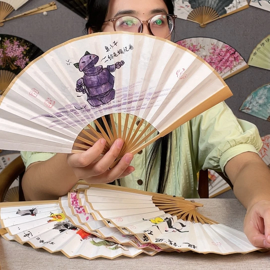 国画6寸玉竹-纯手绘-文玩扇骨（默认粘好）