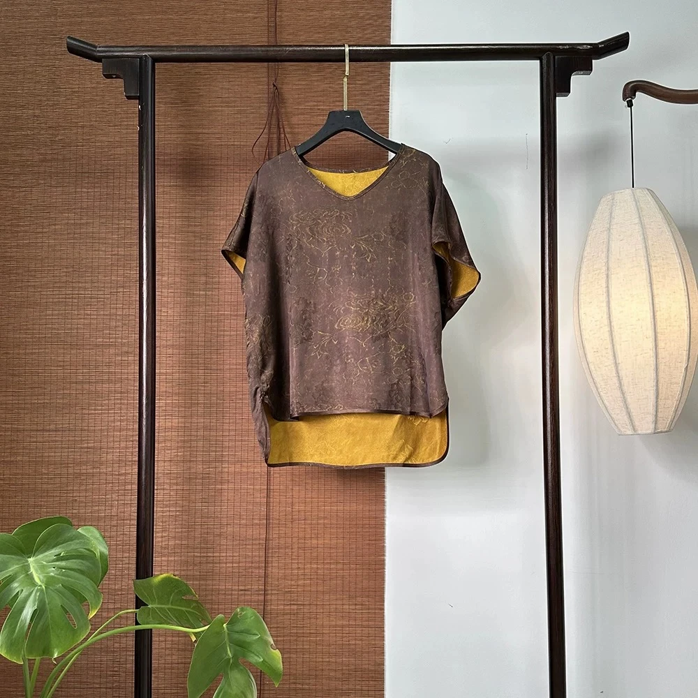 【漫月】双面穿新中式中国风牡丹刻花连肩袖V领重缎小上衣