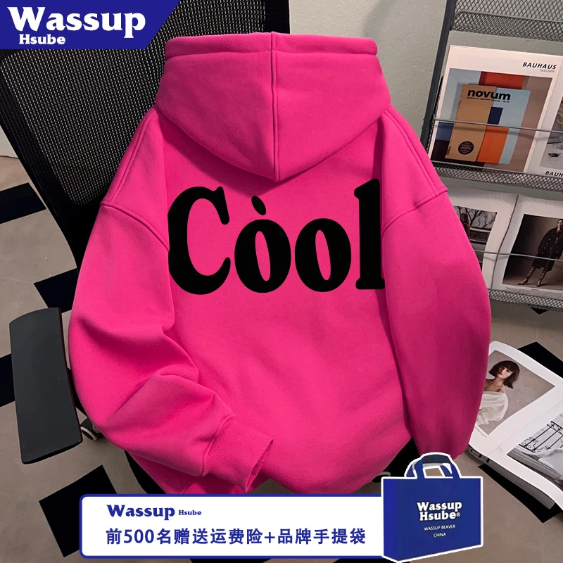 WASSUP HSUBE秋冬季男女款连帽上衣炫酷潮牌字母印花火龙果色卫衣