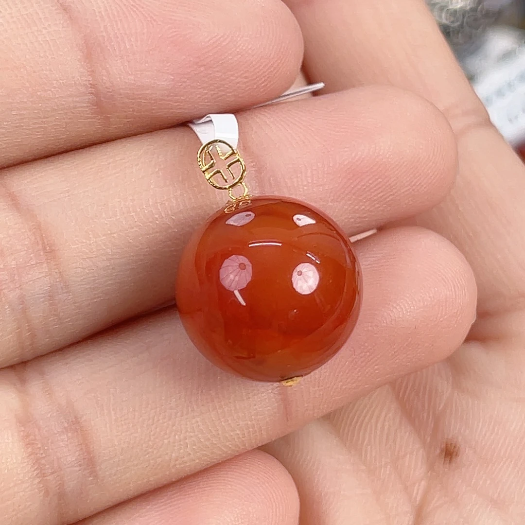 南红玛瑙18K金镶嵌瓦西柿子锦单珠吊坠15mm