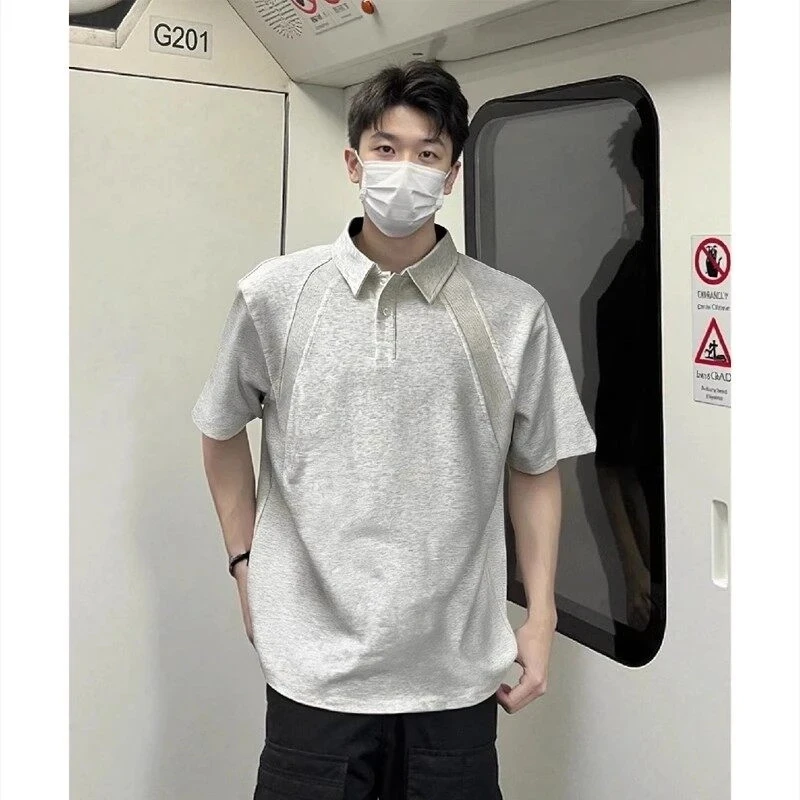 美式拼接Polo衫短袖男夏季浅灰色重磅t恤青少年潮牌cleanfit半袖