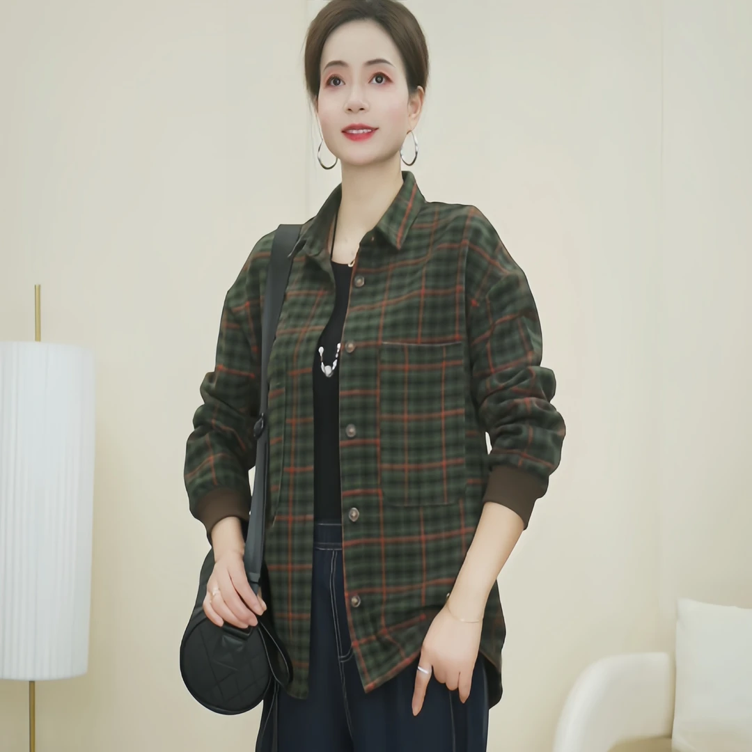 春秋新款时尚休闲百搭复古格纹衬衫春季宽松显瘦开衫外套女395