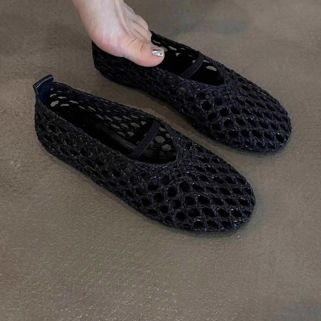 羊皮版~复古风小众镂空编织舒适平底鞋女夏季网面设计感舒适凉鞋