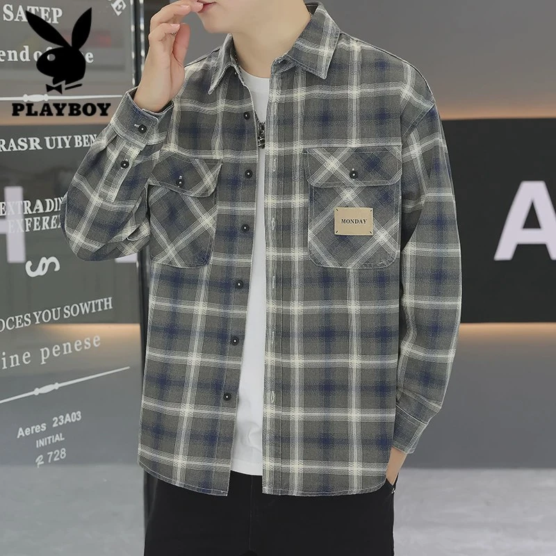花花公子格子长袖衬衫男士2024春秋新款纯棉工装衬衣休闲百搭潮牌