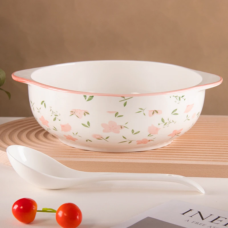 [2件套]桃花朵朵家用陶瓷餐具组合大号双耳碗+白色汤勺t