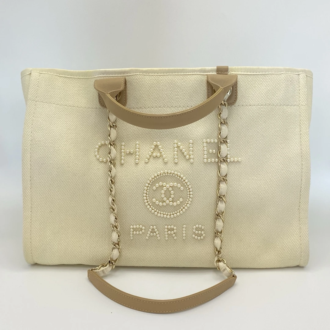 95新 Chanel/香奈儿 米色珍珠刺绣手提单肩沙滩包  10124