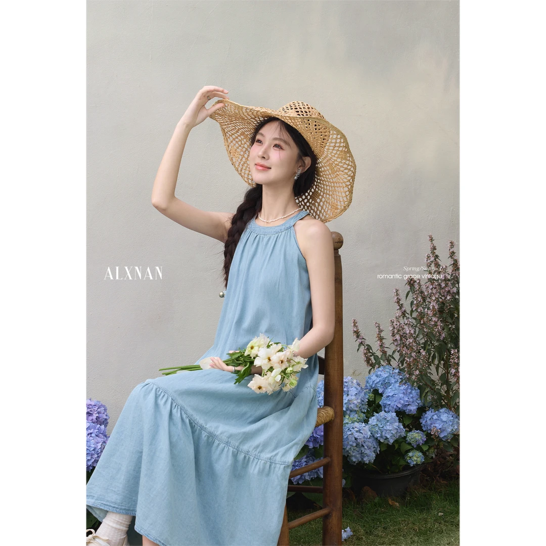 鹿向南「粉丝福利」清爽春夏显瘦时尚百搭 蓝色连衣裙L53601