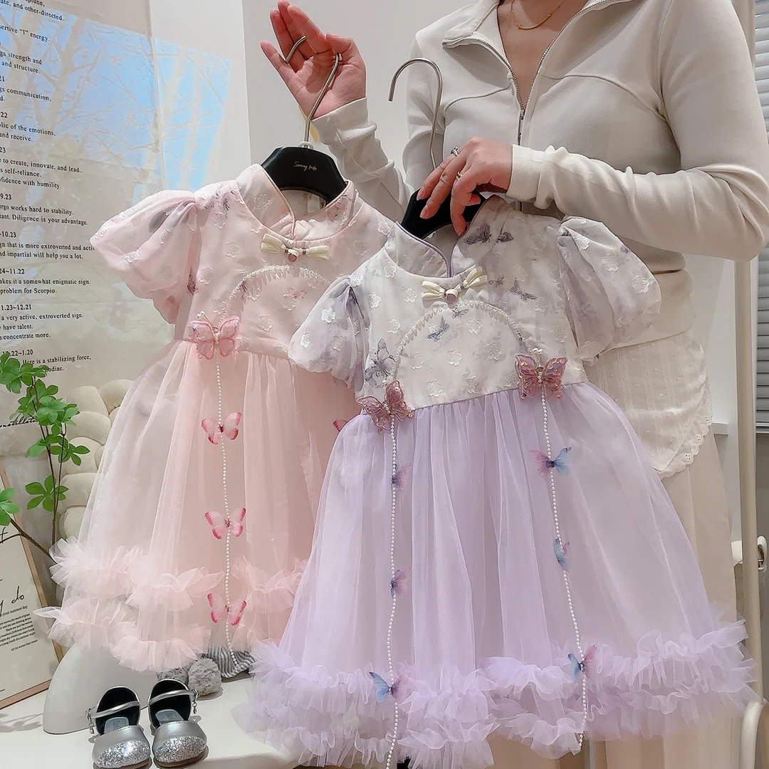 女童洋气短袖网纱中式薄款夏季连衣裙女宝宝2025新款公主裙子夏装