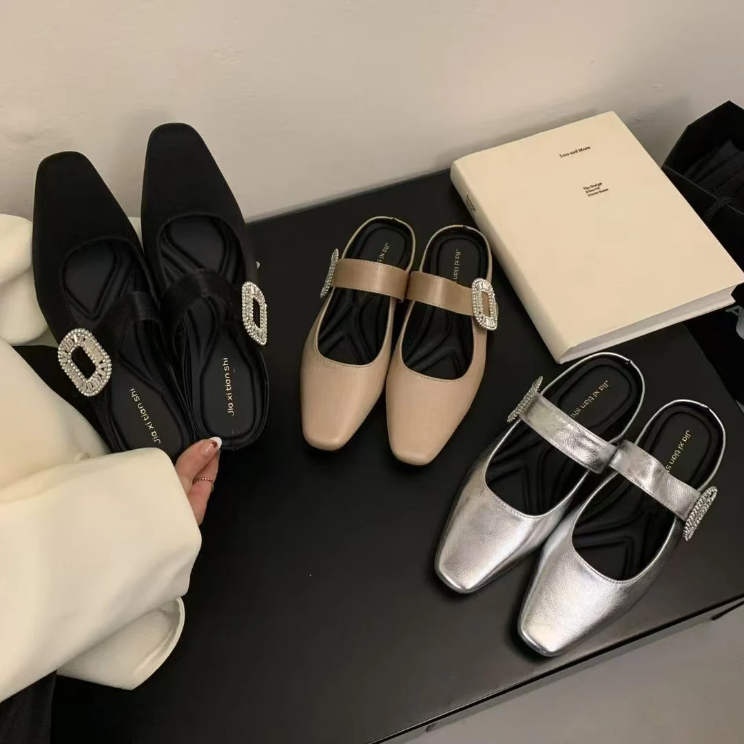 低跟水钻包头平底日常韩版包头拖玛丽珍鞋百搭春季方头中跟