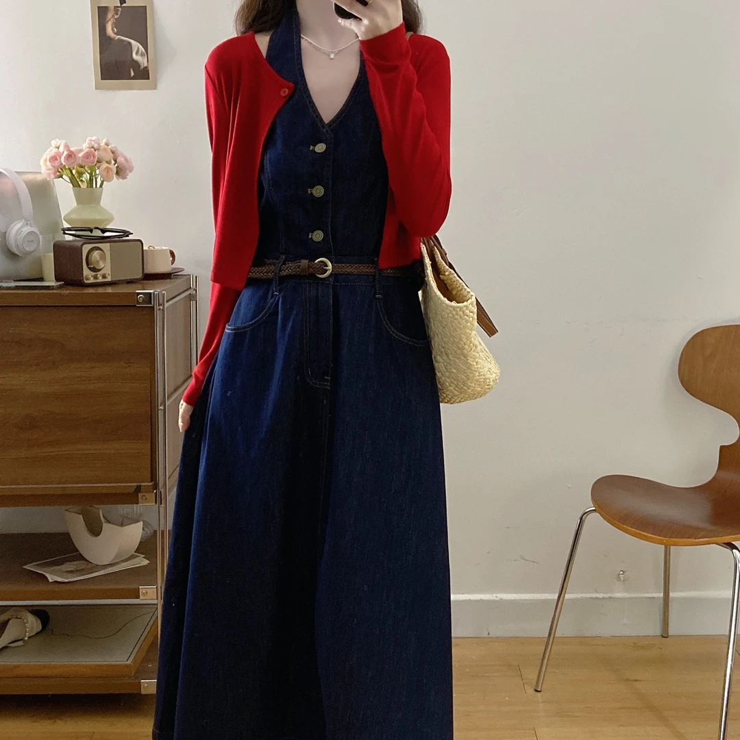 大码港风复古高级感连衣裙夏季微胖mm收腰显瘦挂脖v领牛仔背心裙