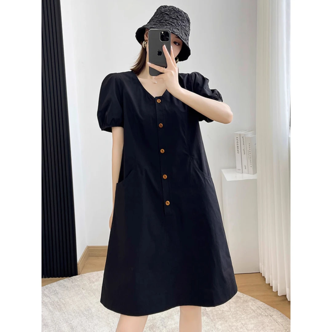 黑色赫本风高端气质连衣裙女夏季2025新款韩版宽松显瘦遮肚中长裙