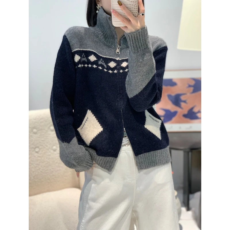韩式毛衣女拼色上衣针织衫时尚加厚海军领撞色提花毛针织衫B036#