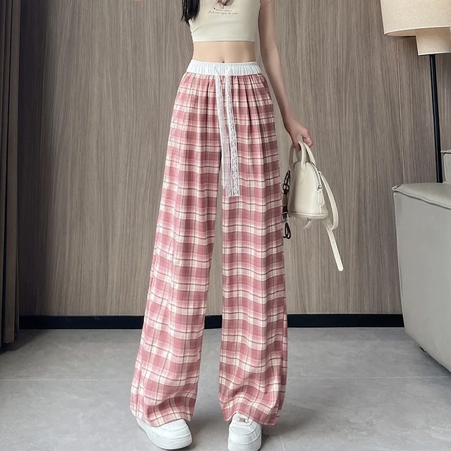 粉色高级感蕾丝设计感休闲阔腿裤女夏季抽绳格子宽松慵懒直筒裤子