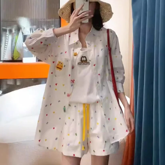 欧货时尚防晒套装女夏季轻薄透气宽松长袖衬衫休闲阔腿短裤两件套