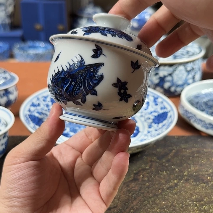 海***鸥摆件宇泽堂微瑕盖鳜鱼盖碗