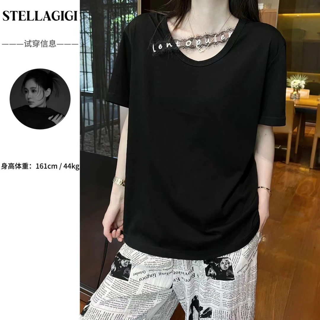 SG / 郭幂幂 SS 韩系简约风 蕾丝字母斜杠短袖T-20250338