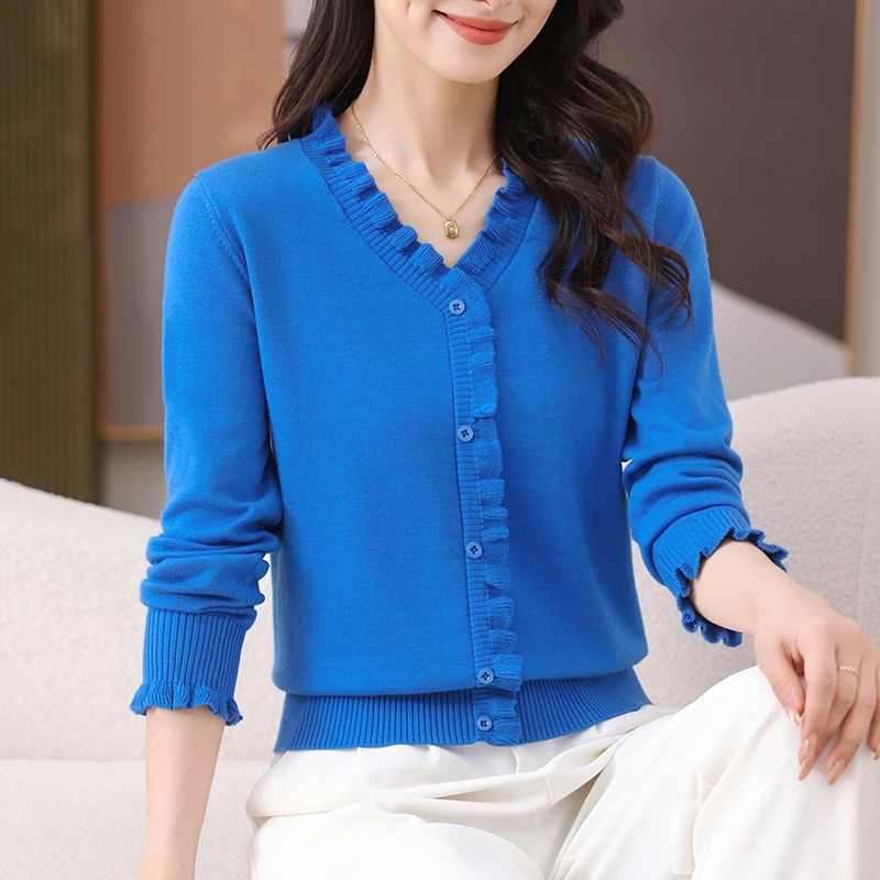 2025春新款假开衫女V领木耳边打底时尚洋气气质显瘦假两件针织衫