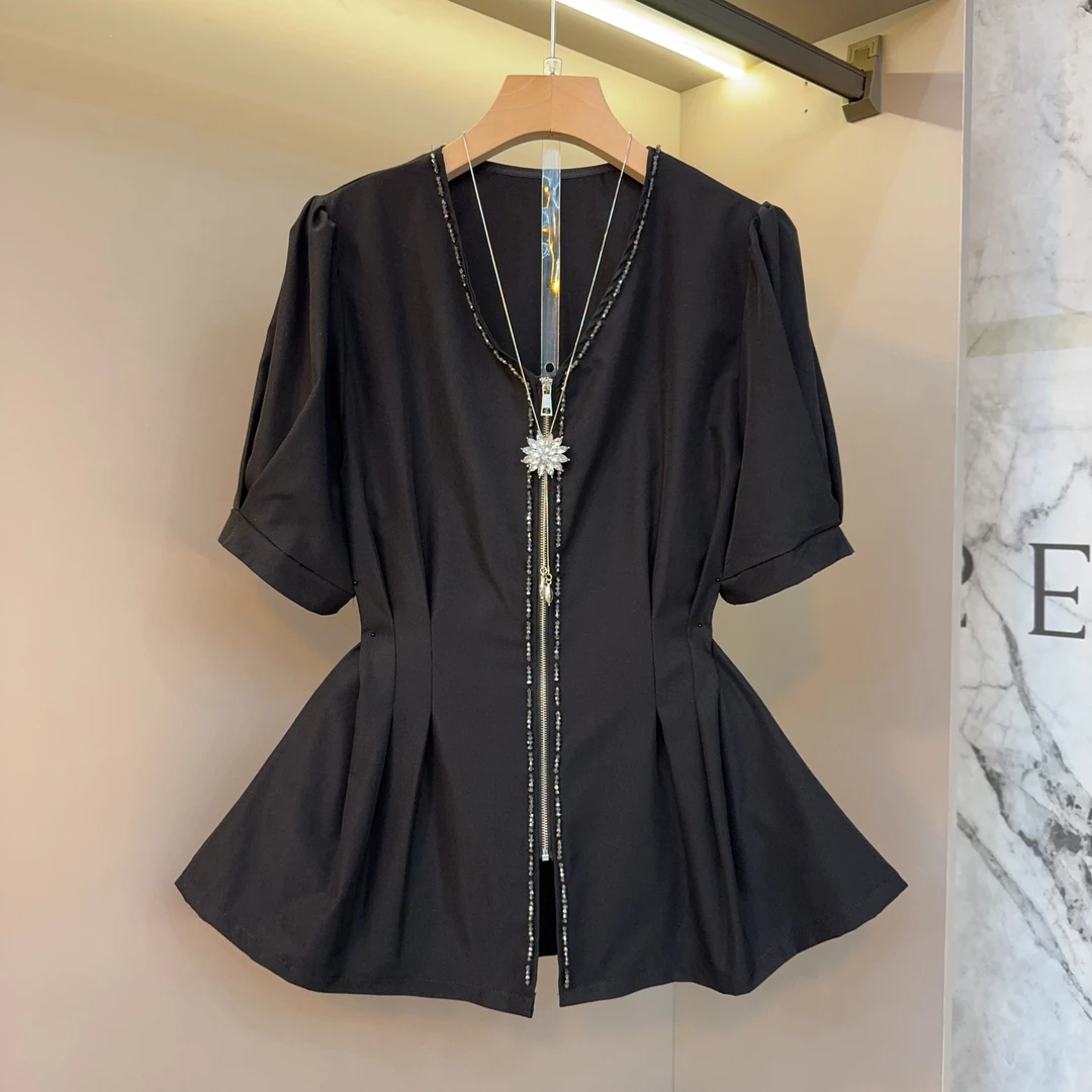 法式复古v领衬衫女夏季2025年新款设计感小众胖妹妹显瘦上衣661