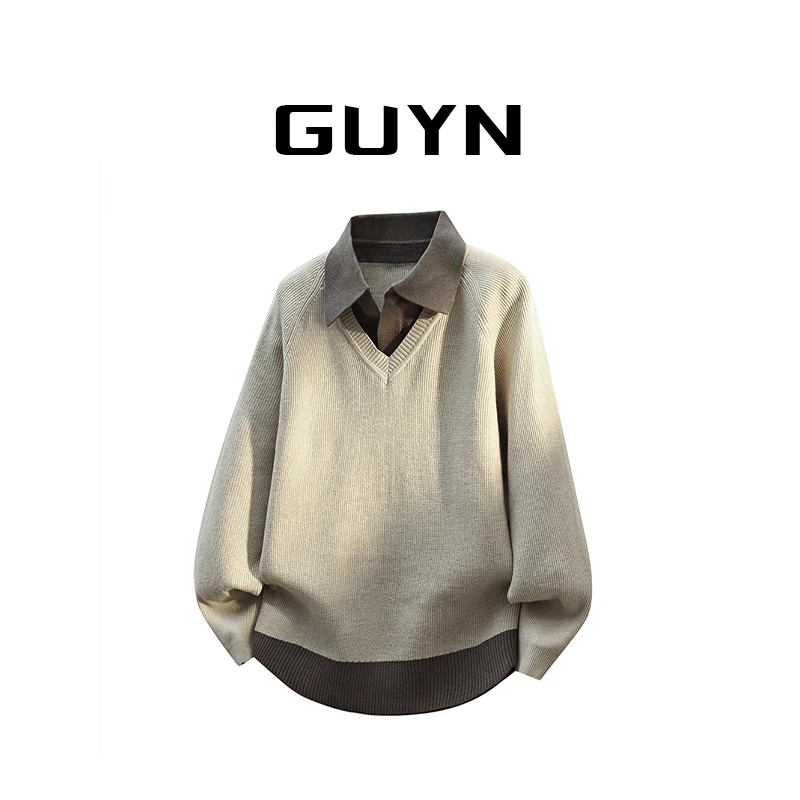 【品牌正品现货】GUYN韩版假两件翻领毛衣男款秋冬潮流休闲百搭上衣