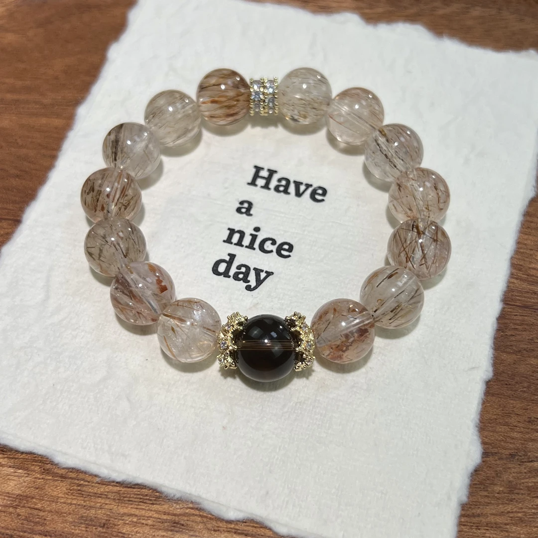 【时空密码】天然水晶黑金超七+茶晶DIY原创设计男款旺财手链女款