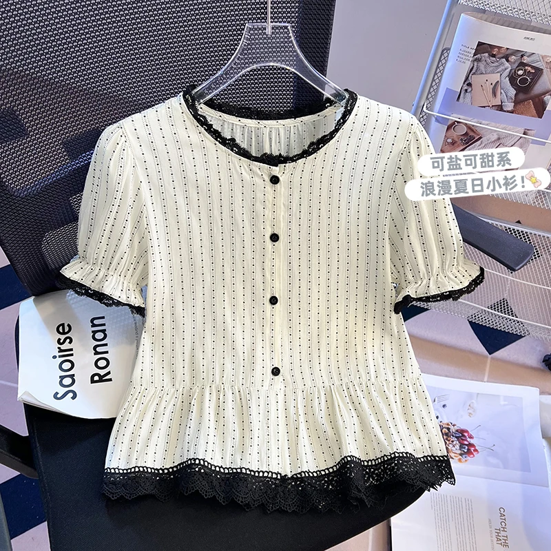 2025夏季新款韩系时尚木耳边波点短袖衬衫女休闲百搭显瘦宽松上衣