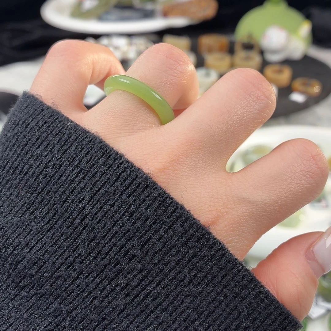 和田玉（糖玉）未镶嵌戒指S52翠青细条17.4