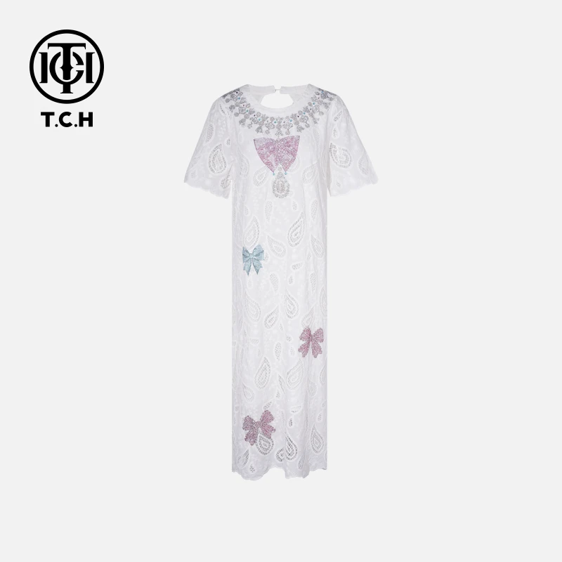 TCH私服烫钻工艺时尚休闲百搭蝴蝶结连衣裙女T75B30E5061轻奢tch