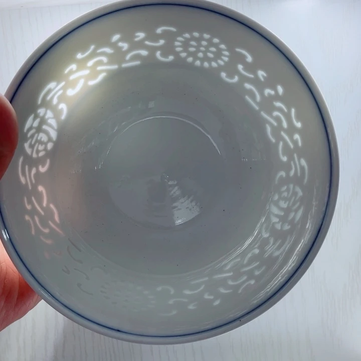 青花玲珑7寸面碗满雕双福双线