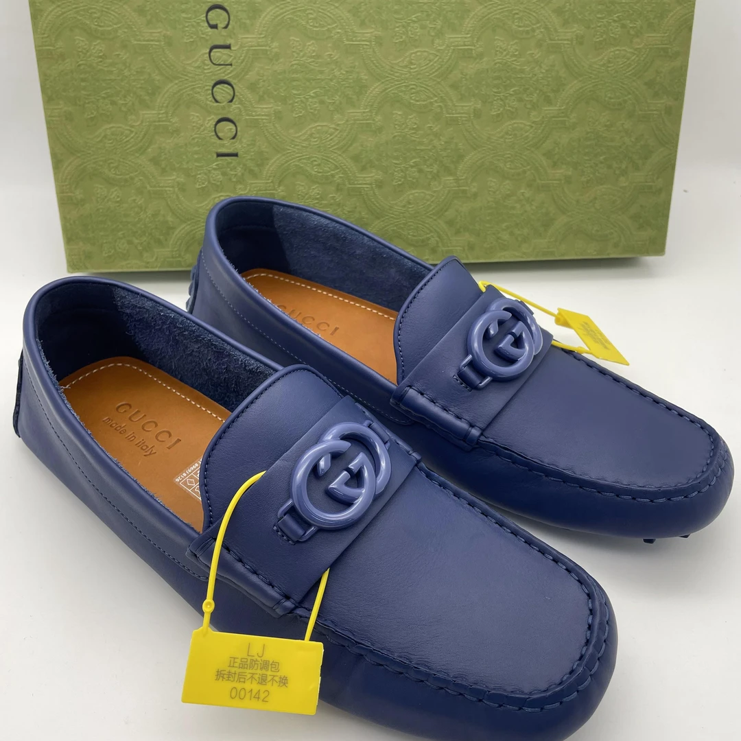 99新 GUCCI/古驰 43码/男士蓝色休闲时尚豆豆鞋/全套未使用
