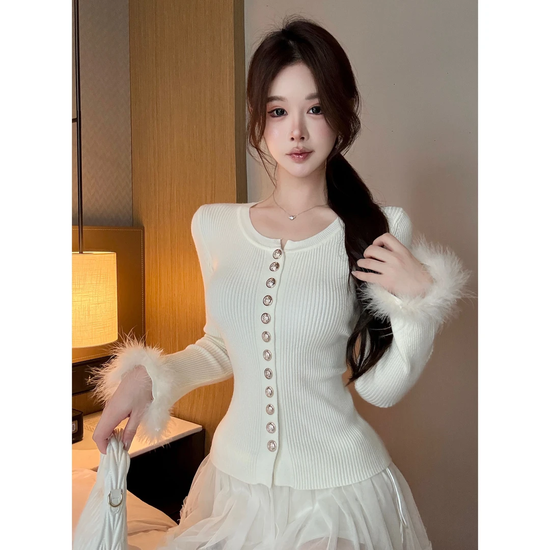 毛毛拼接喇叭袖单排扣针织衫女秋冬毛衣上衣开衫长袖修身秋季显瘦
