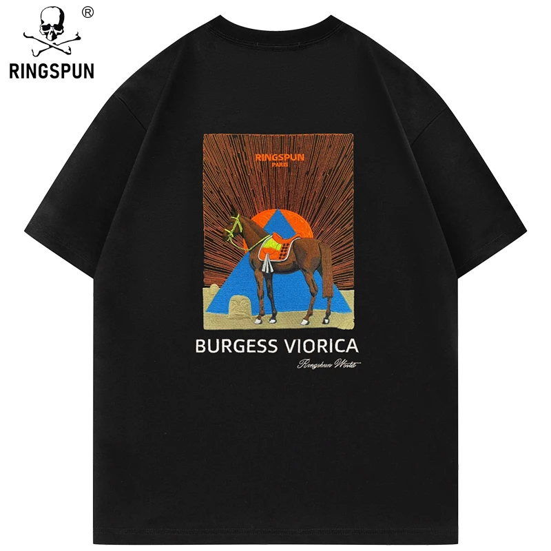 【埃及马】新款纯棉短袖t恤男潮牌 重工刺绣半袖 圆领T恤衫男女同款