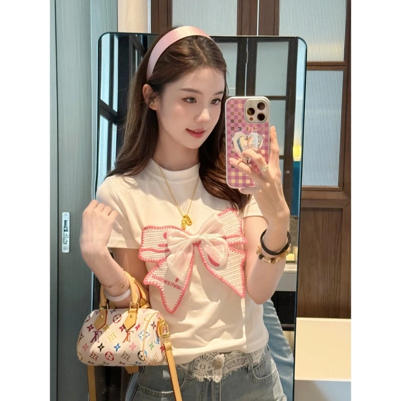 【粉嫩嫩蝴蝶结】春夏韩版可爱公主风绣花立体蝴蝶短袖-DX2025199