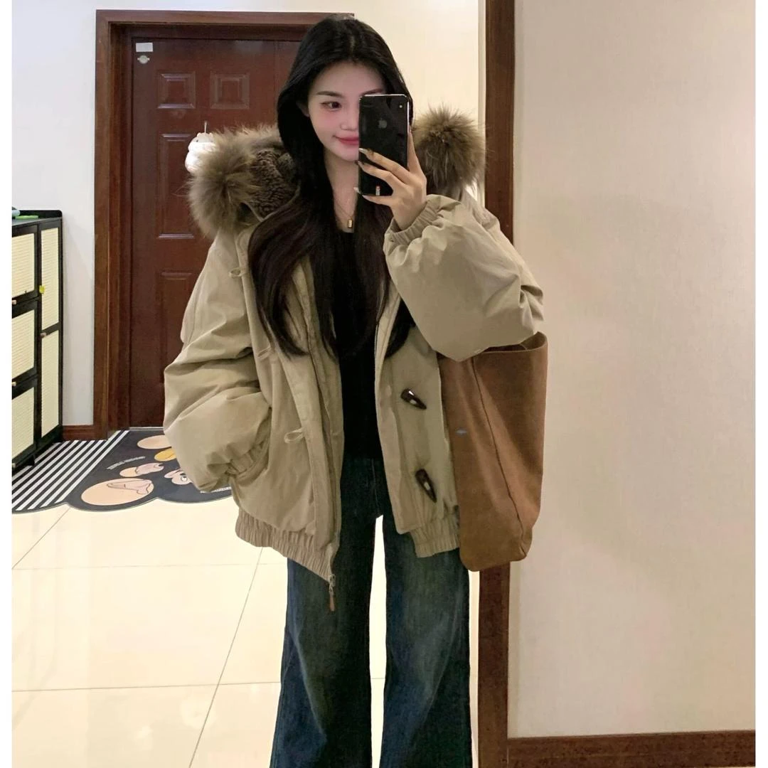 棉服女冬季外套韩系2025新款大毛领加厚宽松棉服牛角扣面包棉衣
