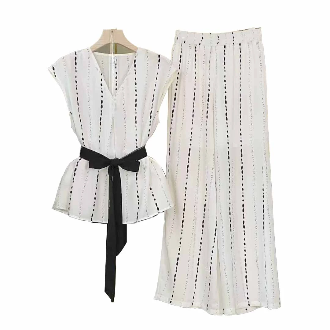 【三件套】时尚套装2025新款夏高级感洋气上衣+阔腿裤+腰带套装M303